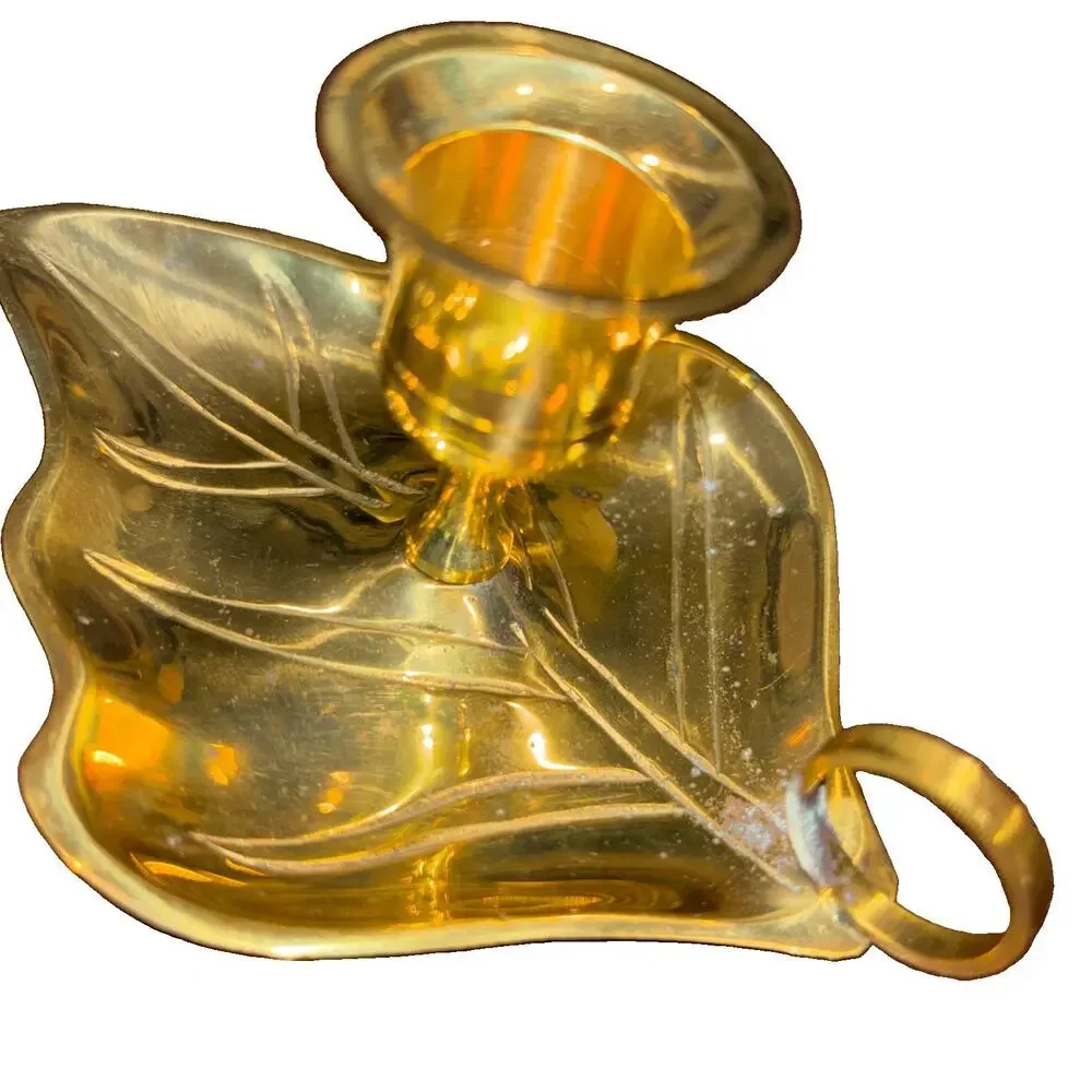 Vintage Solid Brass Chamber Candlestick Holder Finger Loop Leaf Base
